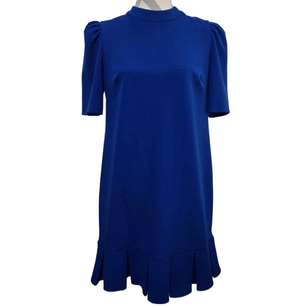 DKNY Blue Mini Sheath Dress With Pleated Ruffle Hem Mock Neck Size 10